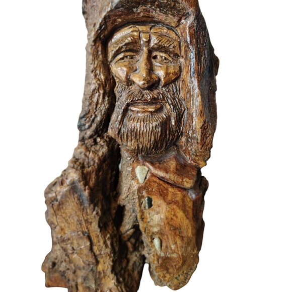 Handmade Folk Art Wooden Carved Old Man with Bared Wall Art, Signed M. Hughes - Picture 2 of 5